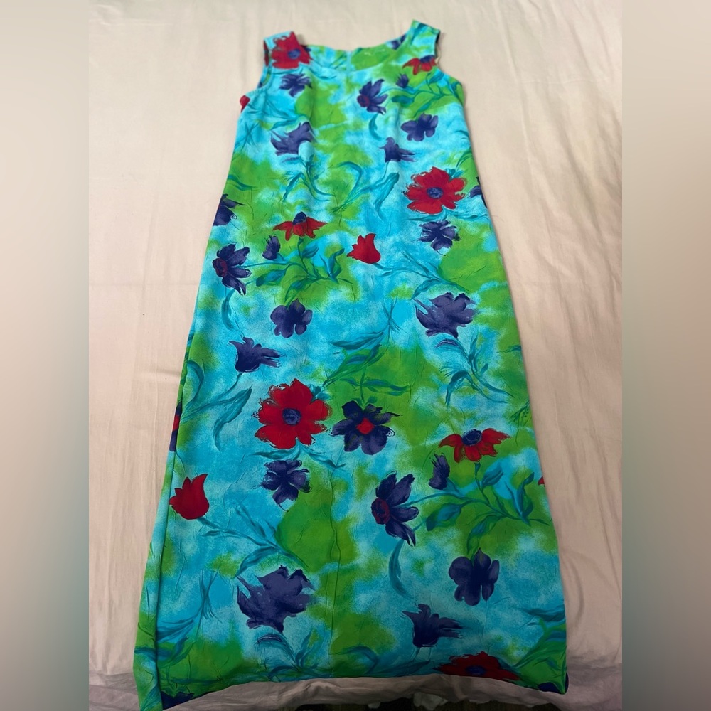 Vintage fairy Blue, Green & Red Floral Maxi Dress
